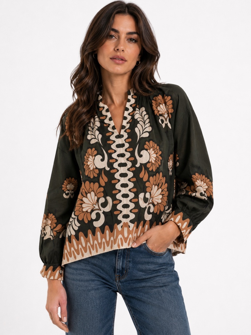 Hera Collection Olive Boho Blouse with Tan and Cream Floral Print